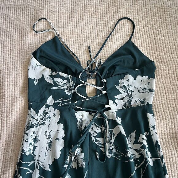 Lulu’s Flirtatious Essence Emerald Green Floral Lace Up Midi Dress Sz. Large - Picture 8 of 12